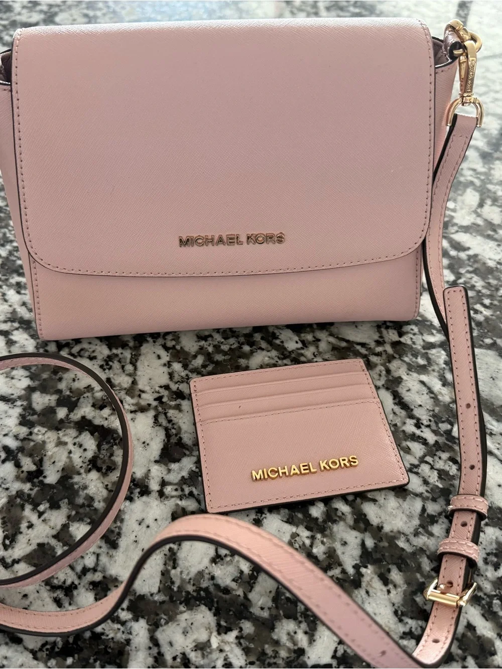 Michael Kors Pink Saffiano Crossbody Bag with Card Holder and Gold Hardware
